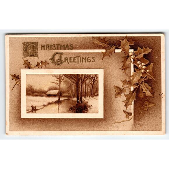 Vintage German Embossed Christmas Greetings Postcard with Holly & Winter Scene - Picture 1 of 2
